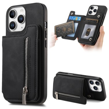 Case Cover For iPhone 11 Pro Max Retro MagSafe Zipper Wallet Card Bag Back Phone Case(Black)
