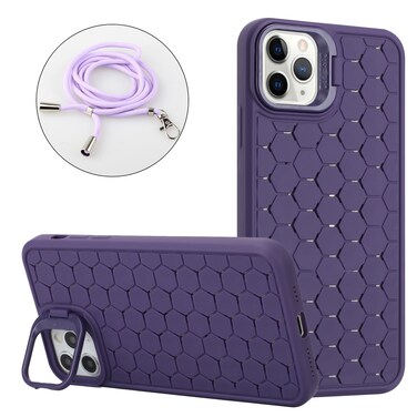 Case Cover For iPhone 11 Pro Max Honeycomb Radiating Holder TPU Phone Case with Lanyard(Purple)