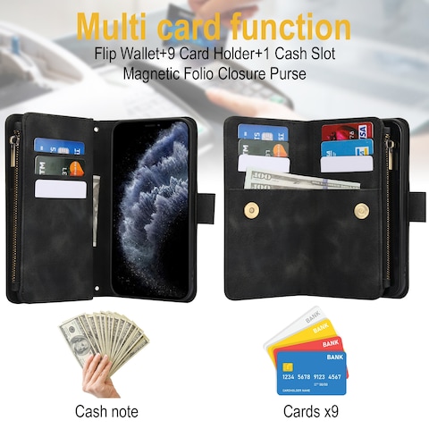 Case Cover For iPhone 11 Pro Max Dream 9-Card Zipper Wallet RFID Leather Phone Case with Lanyard(Black)