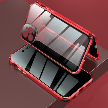 Case Cover For iPhone 11 Pro Max Four-corner Shockproof Anti-peeping Magnetic Metal Frame Double-sided Tempered Glass Case (Red)