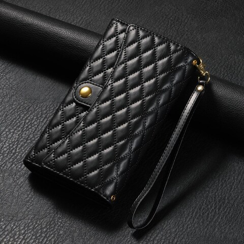 Case Cover For Samsung Galaxy S23 5G Zipper Multi-Card Wallet Rhombic Leather Phone Case(Black)