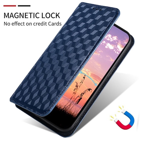 Case Cover For Samsung Galaxy S23 5G Cubic Grid Texture Flip Leather Phone Case(Blue)