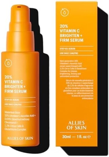 Allies Of Skin 20% Vitamin C Brighten + Firm Serum: 20% Ethylated L-Ascorbic Acid + Orange Extract Complex With Glutathione. Firms &amp; Intensely Brightens. For Smooth, Elastic Skin 1 Oz / 30ml