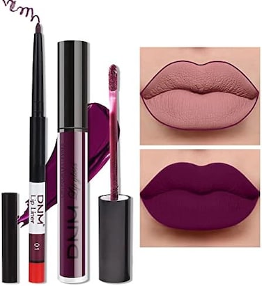 مجموعة مكياج مكونة من قطعتين من قلم تحديد الشفاه وأحمر الشفاه باللون الأرجواني الداكن غير اللامع، أحمر شفاه بورجوندي غير لامع يدوم 24 ساعة ومجموعة محدد الشفاه ديب بيري مات (#01)