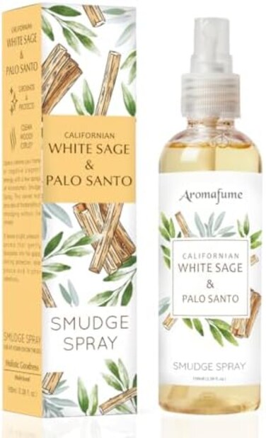 بخاخ White Sage & Palo Santo Smudge Spray ورذاذ طبيعي، 100 مل / 3.3 أونصة، مصنوع من مستخلصات سالفيا أبيانا وبورسيرا جرافولينز، يعزز الإيجابية، غير كحولي، غير سام ونباتي