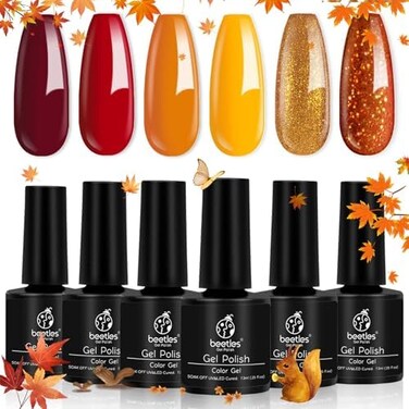 Beetles Gel Polish Set, Fall Winter Colors Yellow Orange Gold Glitter Red Soak Off UV Nail Art Salon Manicure Kit Diy At Home Halloween Gifts For Women