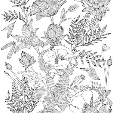 Blooming Wall Black White Elegant Modern Lotus Lily Leaf Peel And Stick Wallpaper Self-Adhesive Prepasted Wallpaper Wall Mural Wall Decor (17.7&ldquo;X118&rdquo;, Black/White)