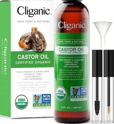Cliganic Usda Organic Castor Oil, 100% Pure (8Oz With Eyelash Kit) - For Eyelashes, Eyebrows, Hair &amp; Skin, Natural Cold Pressed Unrefined Hexane-Free