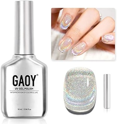Gaoy Cat Eye Gel Nail Polish, Glitter Holographic Nail Polish With Magnet, 16ml Reflective Translucent UV Gel For Nail Art, 1394 Silver Rainbow