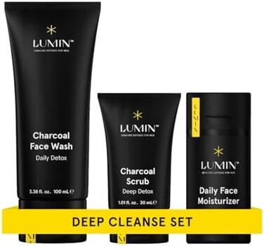 مجموعة العناية بالبشرة للرجال، تتضمن: غسول الوجه اليومي بالفحم للتخلص من السموم، مقشر الفحم للتخلص العميق من السموم ومرطب يومي للوجه، مناسب لجميع أنواع البشرة، كمية تكفي لمدة شهرين