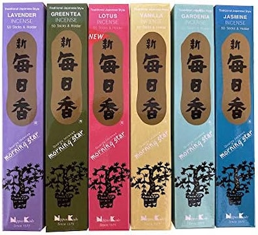 مجموعة بخور نيبون كودو مورنينج ستار مكونة من 6 قطع (اللوتس والفانيليا واللافندر والياسمين والشاي الأخضر والجاردينيا)، 50 عودًا في كل رائحة
