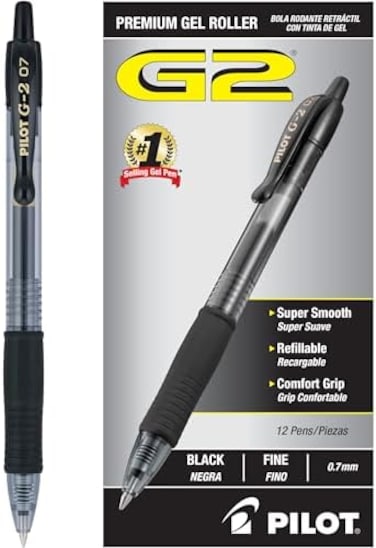 Pilot G2 Retractable Premium Gel Ink Roller Ball Pens, Fine Point, Black, 12-Pack (31020)