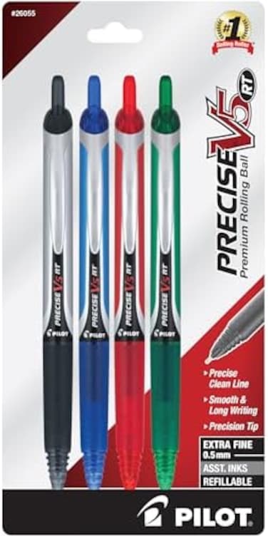 أقلام حبر سائل قابلة لإعادة الملء وقابلة للسحب من Pilot Precise V5 Rt، نقطة دقيقة للغاية، أحبار أسود/أزرق/أحمر/أخضر، 4 عبوات (26055)