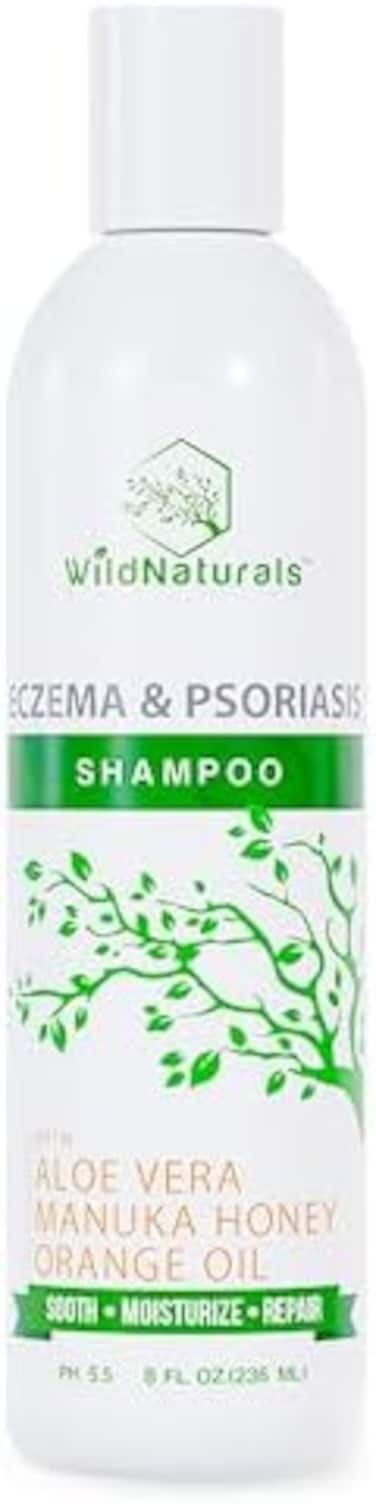 شامبو الصدفية للأكزيما من وايلد ناتشورالز: 98% طبيعي، 80% عضوي، خالي من الكبريتات، مهدئ، مضاد للقشرة، متقشر، حكة، صابون علاج فروة الرأس الجاف لالتهاب الجلد الدهني، مرطب، غير معطر، 8 أونصة
