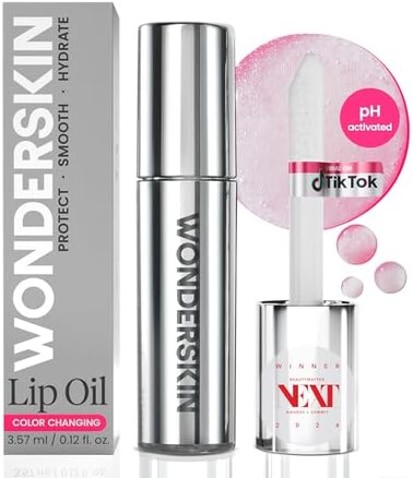 Wonderskin Lip Rehab Serum Oil - Colour Changing Lip Oil From Clear To Pink - Ph Activated, Non-Adhesive &amp; Moisturising Tinted Lip Oil For Dry Lips (Kissed)