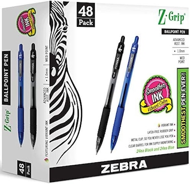 Zebra Pen Bulk Pack Of 48 Ink Pens, Z-Grip Retractable Ballpoint Pens Medium Point 1.0 Mm, 24 Black Pens &amp; 24 Blue Pens Combo Pack