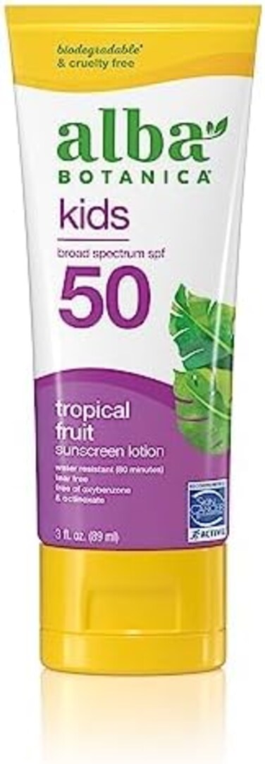Alba Botanica Kids Sunscreen For Face And Body, Tropical Fruit Sunscreen Lotion For Kids, Broad Spectrum SPF 50, Water Resistant And Hypoallergenic, 3 Fl. Oz. Bottle