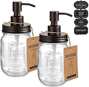 موزعات صابون برطمان أموليار ماسون - برونزية - غطاء ومضخة من الفولاذ المقاوم للصدأ 304 مقاوم للصدأ - رائعة لصابون اليد، واللوشن، وصابون الأطباق السائل، وصابون الحمام، وديكور المزرعة (عبوة من قطعتين)