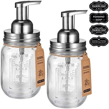 Mason Jar Foaming Soap Dispenser -Rustproof Stainless Steel Lid/Bpa Free Foam Pump-Waterproof Chalkboard Labels-Farmhouse Decor Bathroom Accessories, Refillable &amp;Eco Friendly -Brushed Nickel (2 Pack)