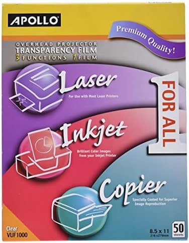Apollo Multi-Function Transparency Film, 8.5 X 11 Inches, Clear, 50 Sheets Per Pack (Vuf1000E)