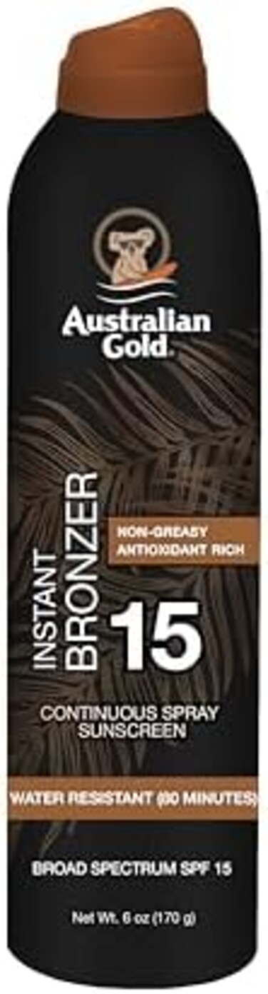 كريم حماية من الشمس بخاخ مستمر من الذهب الأسترالي مع برونزر فوري بعامل وقاية من الشمس 15، توهج فوري ويجف بسرعة، واسع الطيف، مقاوم للماء، غير دهني، خالي من الأوكسيبنزون، 6 أونصة