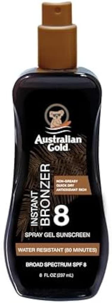 Australian Gold Spray Gel Sunscreen With Instant Bronzer SPF 8, 8 Ounce, Moisturize &amp; Hydrate Skin, Broad Spectrum, Water Resistant, Non-Greasy, Oxybenzone Free, Cruelty Free