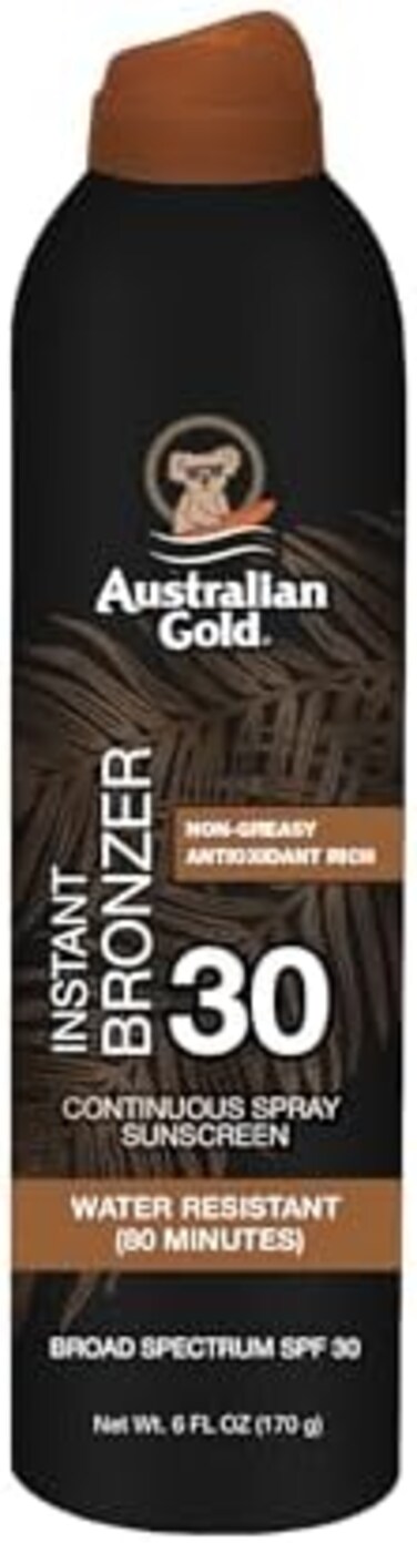 Australian Gold Continuous Spray Sunscreen With Instant Bronzer SPF 30, Immediate Glow &amp; Dries Fast Water Resistant Nongreasy Oxybenzone Free Cruelty Free, Bronzer New, Orange, 6 Oz