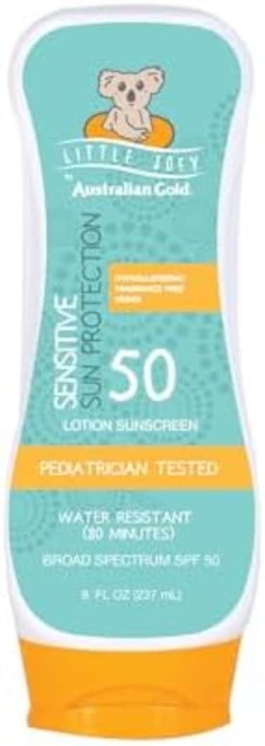 Australian Gold Little Joey Sunscreen Lotion SPF 50, 8 Ounce, Hypoallergenic &amp; Fragrance Free, Broad Spectrum, Water Resistant, Vegan, Pediatrician Tested