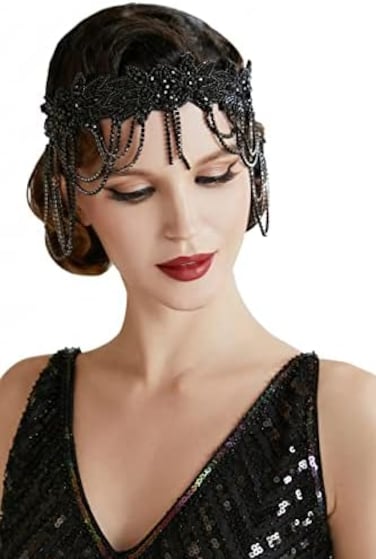 1920S Flapper Headpiece Headband Great Gatsby Chain Headband For Women (Black)
