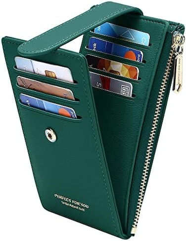 محفظة حامل بطاقات BaDIYa Rfid للنساء، محافظ نحيفة ثنائية الطي، حافظة بطاقات متعددة بسحاب، محفظة للعملات المعدنية، نمط A-Lychee-Geen، مقاس واحد، كلاسيكي