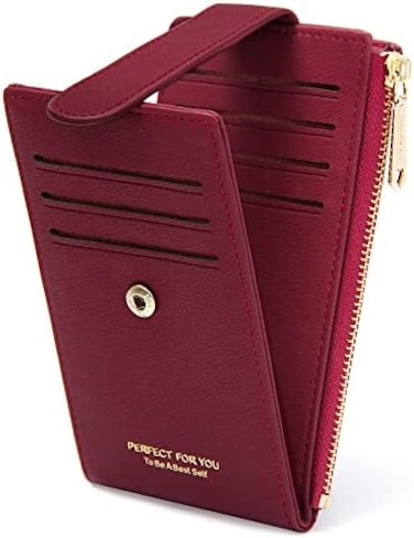 محفظة حامل بطاقات BaDIYa Rfid للنساء، محافظ نحيفة ثنائية الطي، حافظة بطاقات متعددة بسحاب، محفظة للعملات المعدنية، نمط A-Lychee-نبيذ أحمر، مقاس واحد، كلاسيكي