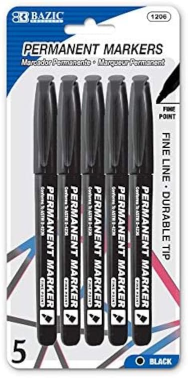 Bazic Black Fine Tip Permanent Markers W/Pocket Clip (5/Pack)