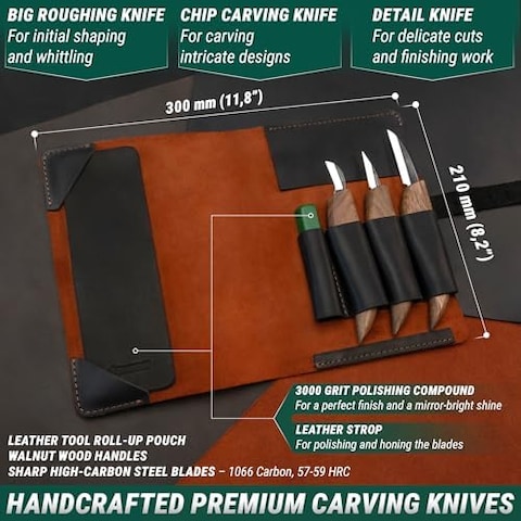 طقم سكاكين نحت الخشب الفاخر من Beavercraft S15X ومجموعة سكاكين جلدية مع مركب تلميع وأدوات وسكين ومقابض من خشب الجوز وحقيبة جلدية