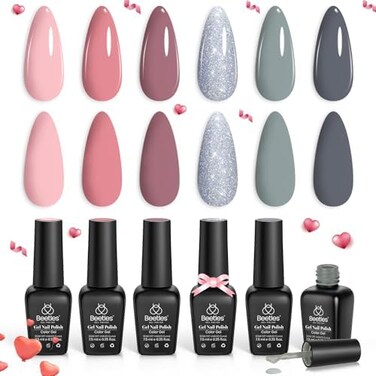 Beetles Gel Polish Bridesmaid Beauty Classic Nail Set - Nude Gray Pink 6 Colors Wedding Kit Popular Nail Art Design Soak Off UV LED Lamp Nail Manicure Kit Gifts Set
