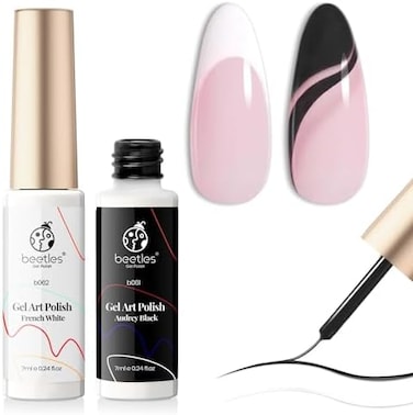 Beetles Gel Polish Nail Art Gel Liner Set- 2 Popular Black White Colors Gel Art Paint For Swirl Nails Euphoria Nail Built Thin Nail Art Brush In Gel Pens Soak Off Nail Art Gel Polish Kit Gift Box
