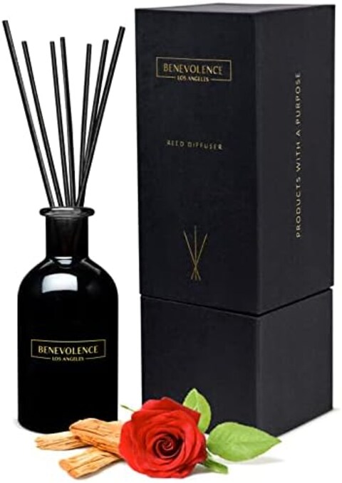 مجموعة ناشر الروائح العطرية Benevolence La Reed، أعواد ناشرة معطرة برائحة الورد وخشب الصندل، ناشر روائح زيتية معطرة بزيت العلاج العطري، ناشر عطور مريح لمنزلك، شقتك ومكتبك