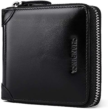 Manbang Mens Genuine Leather Zipper Wallet Rfid Secure Large Capacity Double Fold Multi-Card Leather Wallets For Men And Coin Purse(Oil Wax Black)
