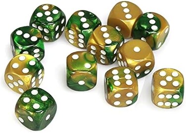 Chessex Gemini 16mm D6 Gold-Green W/White Dice Block 12 Pipped Dice
