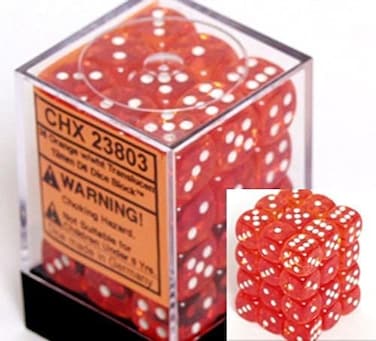 مجموعات Chessex Dice D6: برتقالي مع أبيض شفاف - قالب سداسي الجوانب مقاس 12 مم (36) كتلة من النرد