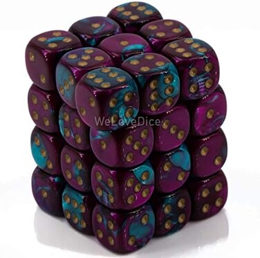 مجموعات النرد Chessex D6: الجوزاء الأرجواني والأزرق المخضر مع الذهب - قالب سداسي الجوانب مقاس 12 مم (36) كتلة من النرد