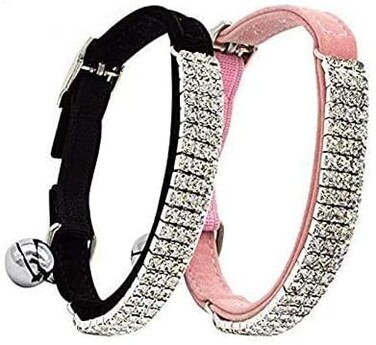 Chukchi Soft Velvet Safe Cat Adjustable Collar Bling Diamante With Bells, 2 Pcs Black+Pink