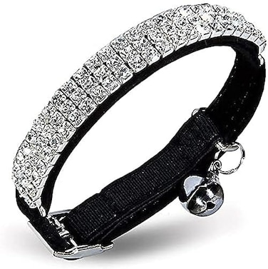 Chukchi Soft Velvet Safe Cat Adjustable Collar Bling Diamante With Bells, 11 Inch For Small Dogs And Cats (Black)