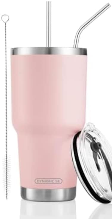 D&middot;S 30Oz Sakura Pink Tumbler Stainless Steel Double Wall Vacuum Insulated Mug With Straw And Lid, Cleaning Brush For Cold And Hot Beverages
