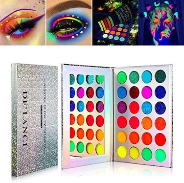 De'Lanci Neon Eyeshadow Glow In The Dark, Aurora Glow Eyeshadow Palette Stage, Clubbing Makeup Kit UV Glow Blacklight Matte And Glitter Fluorescent Eye Shadows Pigment Luminous
