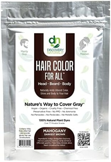 Discovery Naturals - Mahogany Darkest Brown Natural Henna Hair Color For Men &amp; Women, 100% Natural &amp; Chemical-Free Dye For Hair &amp; Beard, Easy To Use &amp; Blends Well In Hair