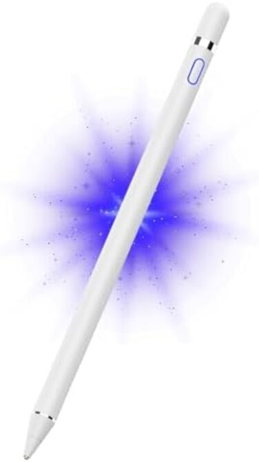 قلم رقمي نشط لأجهزة Android وIos وiPad/iPad 2/New iPad 3/iPad4/iPad Pro/iPad Mini/iPad Mini 2/3 /4 ومعظم أجهزة الكمبيوتر اللوحية، 1.5 ملم نقطة دقيقة قابلة لإعادة الشحن (أبيض)