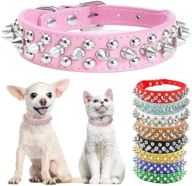 Spiked Studded Rivet Leather Dog Collar For Cats Puppy Small Medium Pets(Pink, Xs)