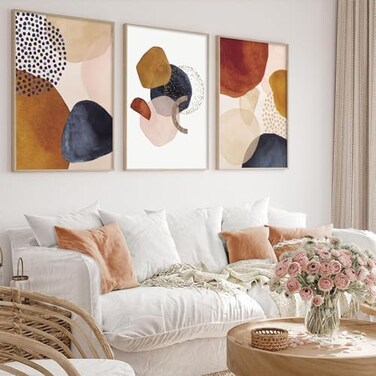 Blue And Orange Terracotta Wall Art - Frameless 16X24Inchx3Pcs Modern Abstract Pictures For Living Room Wall Decor