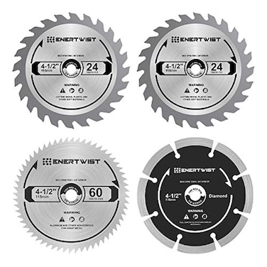 مجموعة شفرات منشار دائرية مدمجة مقاس 4-1/2 بوصة من Enertwist، مجموعة من 4 قطع شفرات منشار Tct/Hss/الماس متنوعة لقطع الخشب/البلاستيك/المعادن/البلاط، أربور 3/8 بوصة، Et-Csa-4