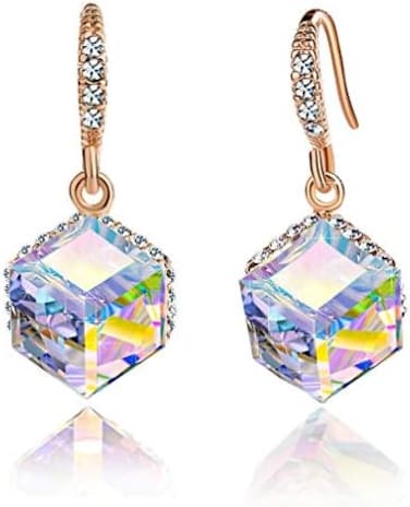 أقراط متدلية على شكل مكعب كريستال نمساوي للنساء مجوهرات مضادة للحساسية مطلية بالذهب عيار 14 قيراط